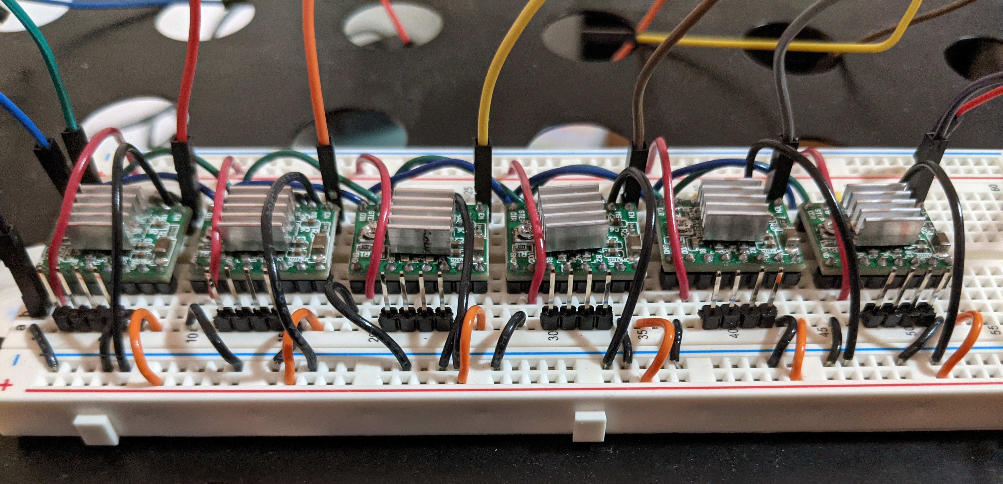 Breadboard with 6 A4988 stepper motor drivers